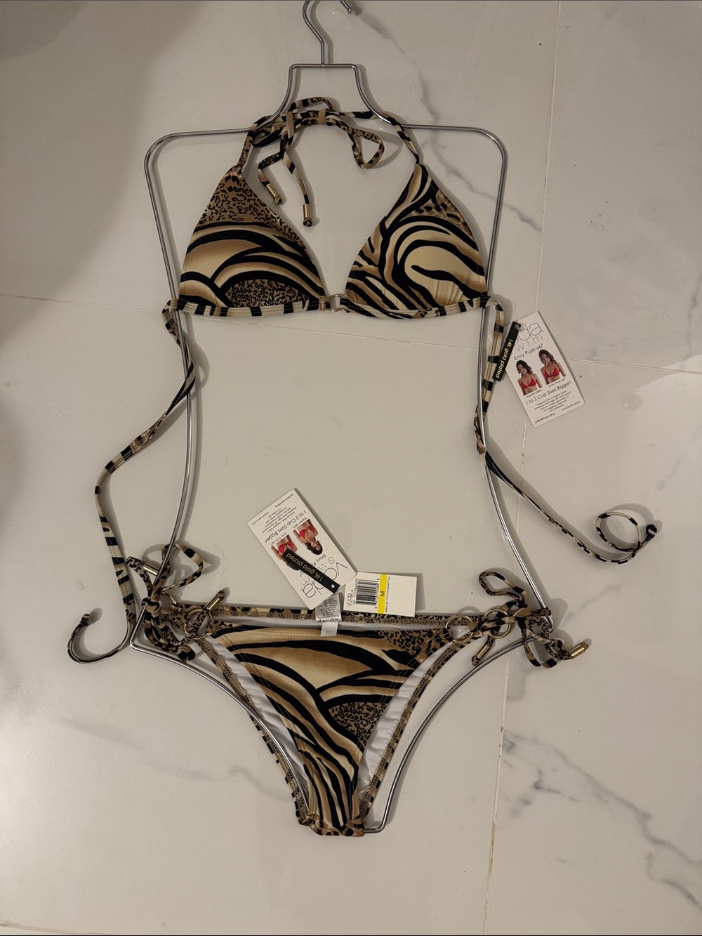 BIKINI SET Animal Print Triangle Bikini Push Up Top and Bottom -Beige & Black